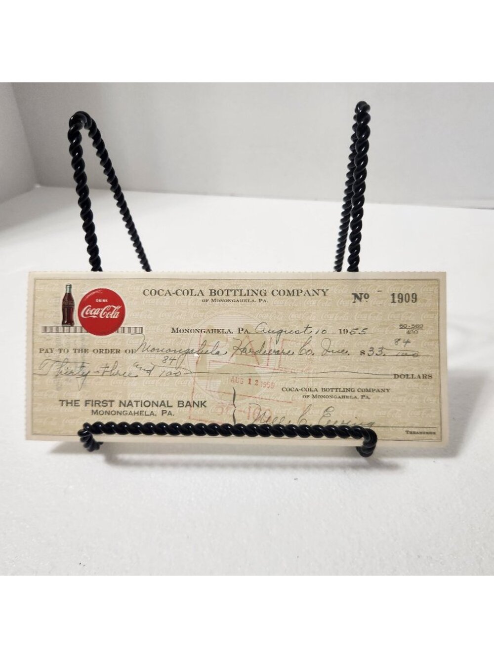 Vintage 1955 Coca-Cola Bottling Company Check Monongahela PA First National Bank